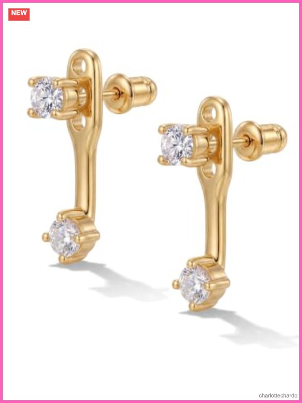 Adjustable Gold Tone Stud Earrings with Zirconia Stones Hypoallergenic